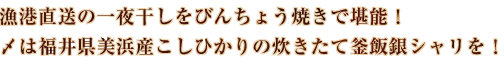 漁港直送の一夜干しをびんちょう焼きで堪能！〆は福井県美浜産こしひかりの炊きたて釜飯銀シャリを！